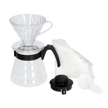 Hario V60-02 filteres kávékészítő készlet: csepegtető + üveg edény/server + filterpapírok + adagoló kanál fekete